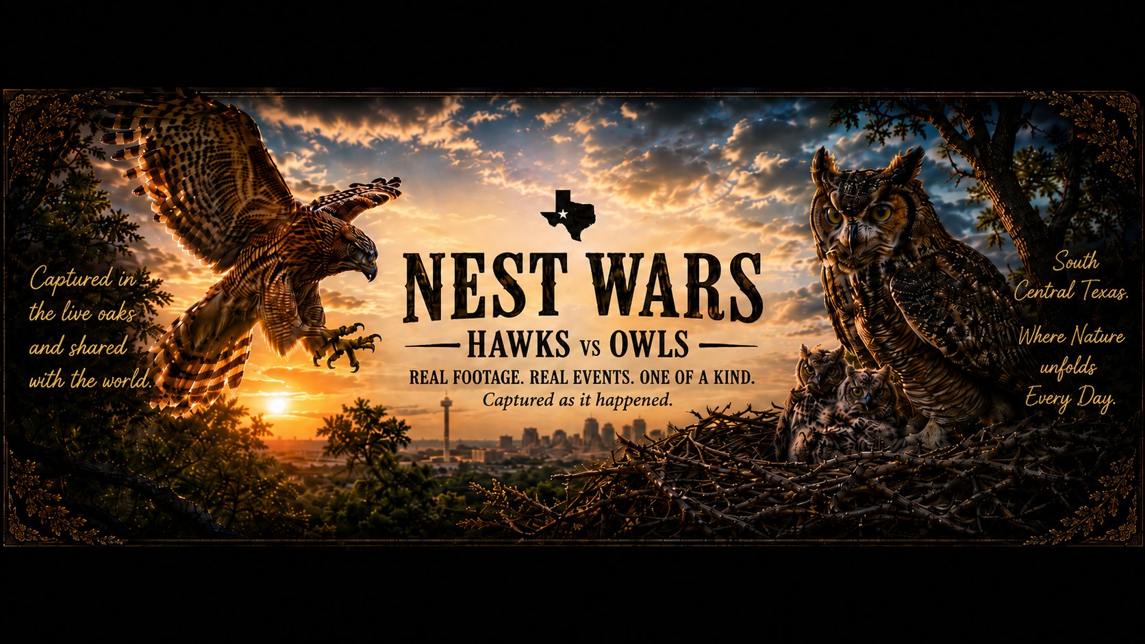 Nest Wars key art: a great horned owl and a red-shouldered hawk face off over a nest of eggs at sunset